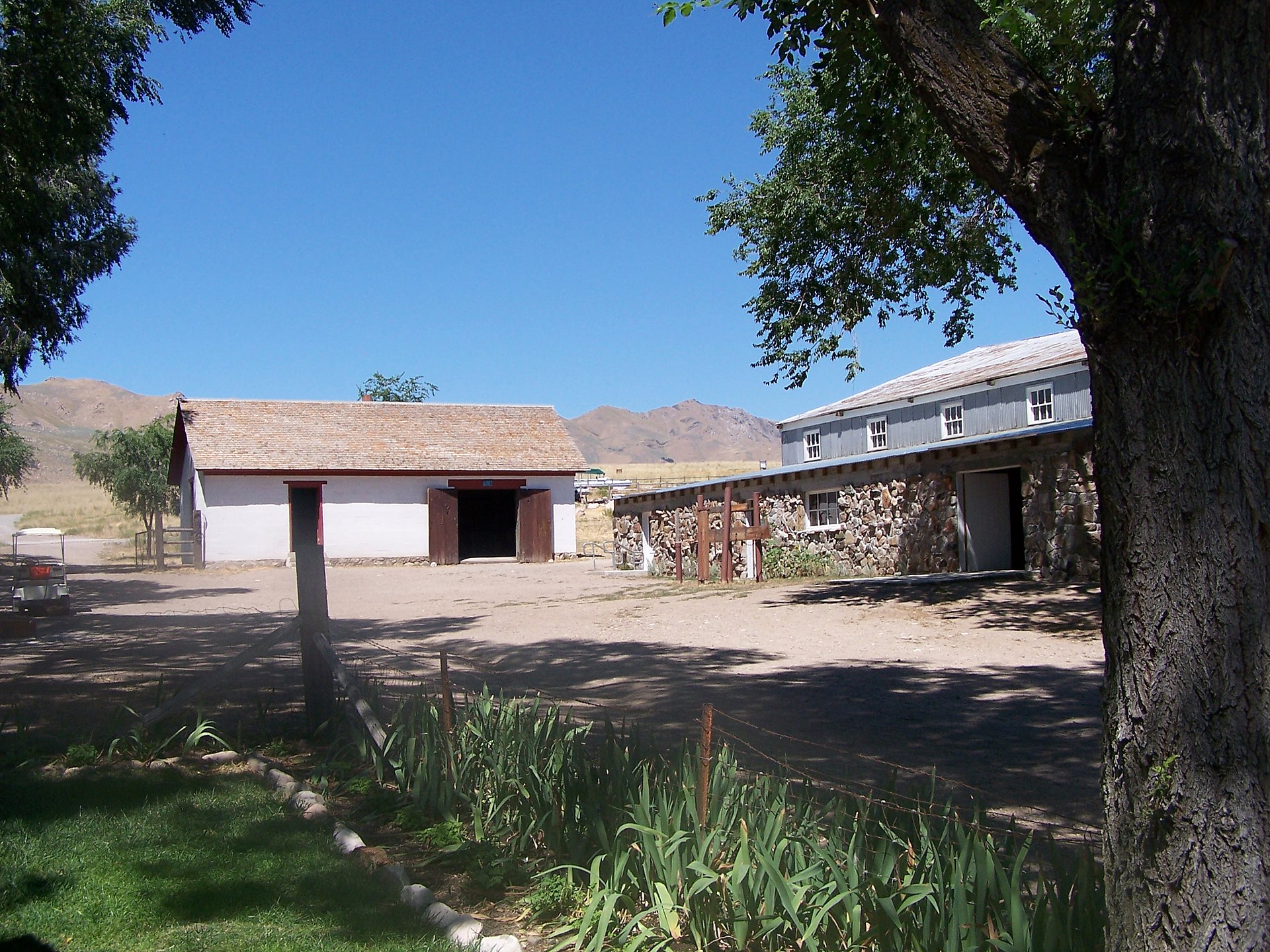 The historic Fielding Garr Ranch on Antelope Island, Utah, stone buildings still standing from 1848